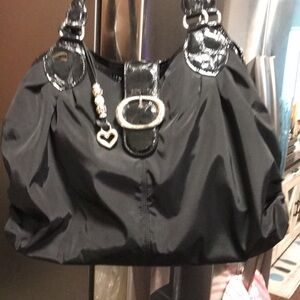 Brighton Black Nichelle Nylon Patent Large Satchel purse BoHo